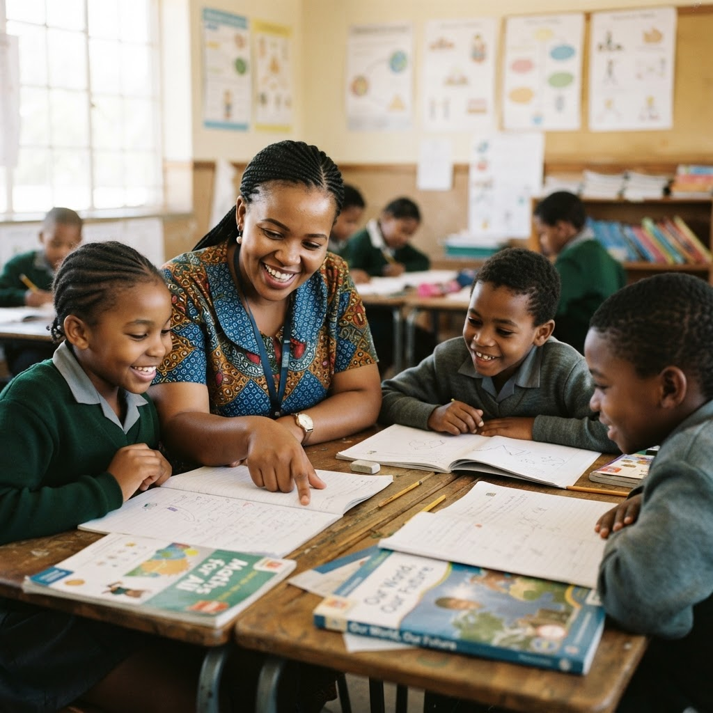 A South African primary school teacher helping Grade 4 learners in a bright classroom